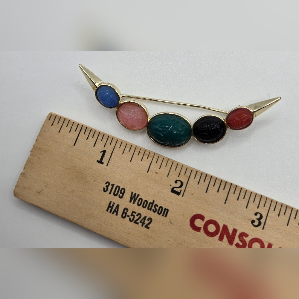 🪲 Scarab Brooch Wide Gold Tone Multicolor Molded Glass Scarab Cabochons Vintage